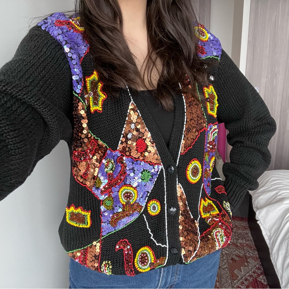 VINTAGE 80’s Multicoloured Beaded  Cardigan Sweater